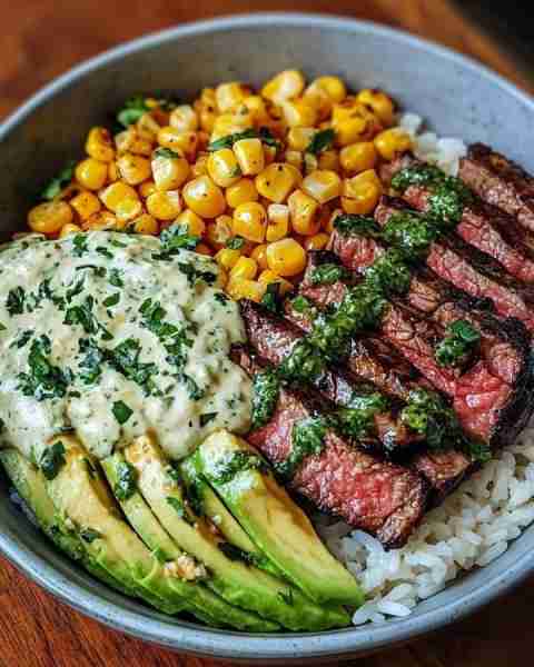 Steak, Avocado & Roasted Corn Bowl with Cilantro Cream Sauce Ingredients For the steak: 1 lb boneles...