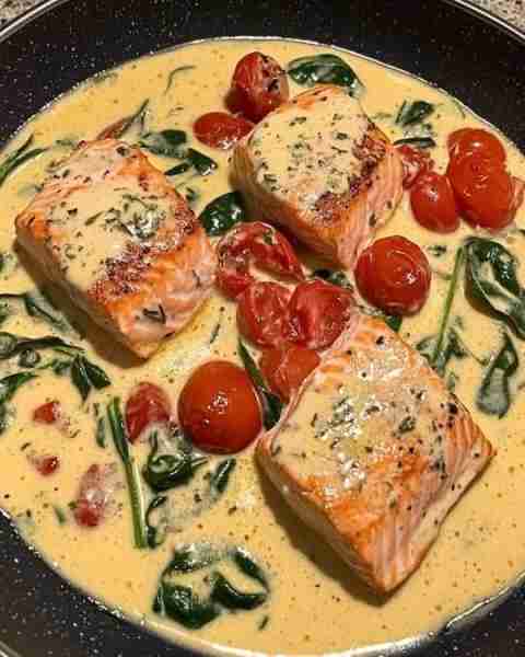 Creamy Tuscan Salmon with Spinach and Cherry Tomatoes 🥬🍅🐟✨ Ingredients: - 4 salmon fillets (sk...