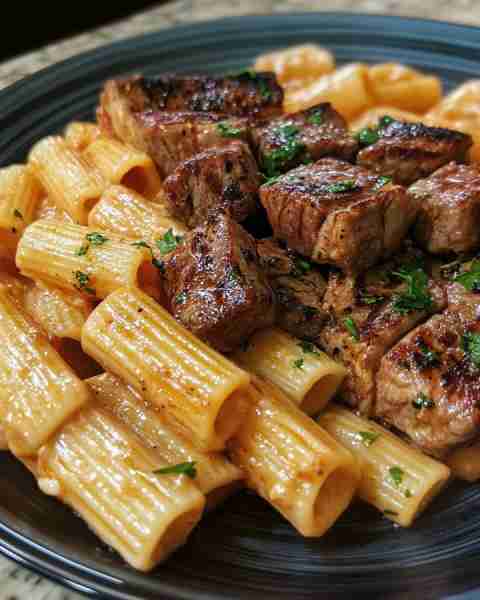 Garlic Butter Steak Bites & Creamy Rigatoni Pasta Ingredients: 1.5 pounds sirloin steak, cut into b...