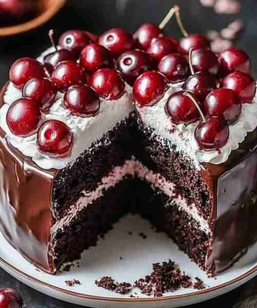 𝗖𝗵𝗲𝗿𝗿𝘆 𝗖𝗵𝗼𝗰𝗼𝗹𝗮𝘁𝗲 𝗗𝗿𝗲𝗮𝗺 𝗖𝗮𝗸𝗲 🍫🍒 Ingredients 🛒 For the Cake: 1 1/2 cups all-purpose flour 🌾 1/2 cu...