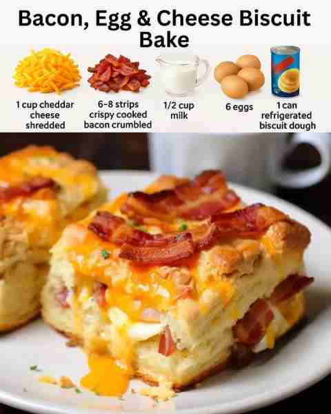Bacon, Egg & Cheese Biscuit Bake Ingredients 1 cup cheddar cheese shredded 6-8 strips crispy cooked...