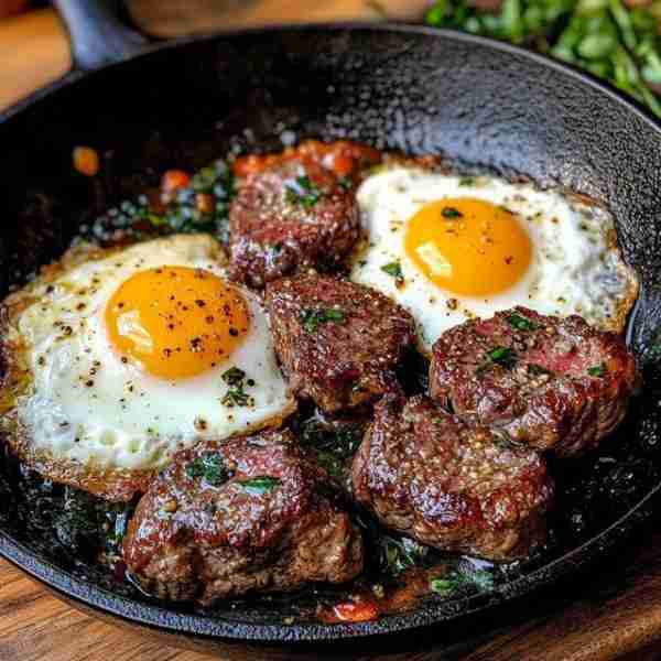 🥩🍳 Seared Steak Bites and Eggs with Grits, Biscuits, and Sautéed Green Beans 🌽🥐🥦 This dish is a...