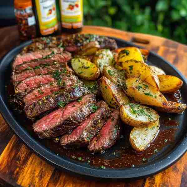 🥩 Slow-Smoked Brisket with Garlic Herb Sauce, Roasted Potatoes, Sautéed Green Beans, and Cornbread...