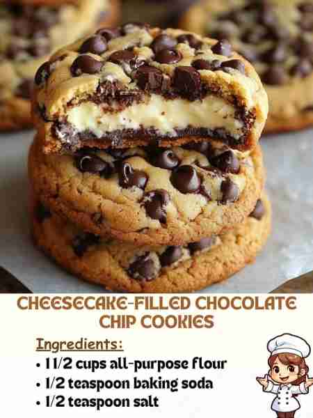 Cheesecake-Filled Chocolate Chip Cookies Ingredients: 1 1/2 cups all-purpose flour 1/2 teaspoon baki...