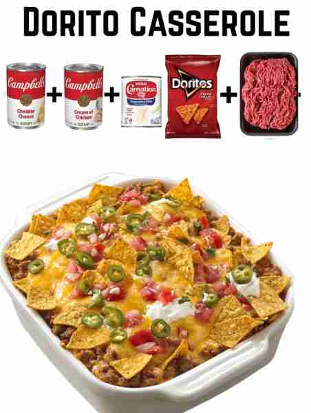 🧀 Dorito Casserole Ingredients: 1 lb ground beef or ground turkey 1 packet taco seasoning (or homem...