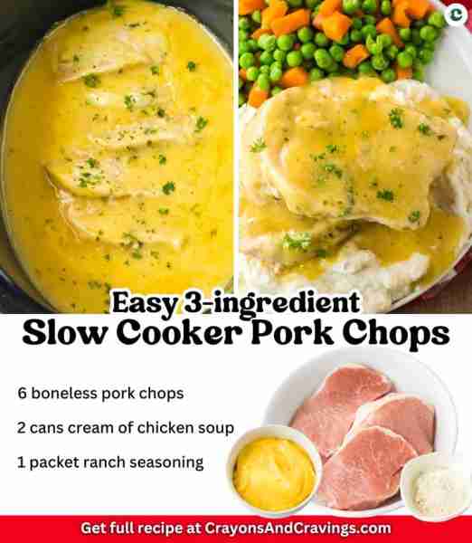 3-Ingredient Crockpot Pork Chops 🥘 6 boneless pork chops 🥘 2 cans cream of chicken soup 🥘 1 packe...