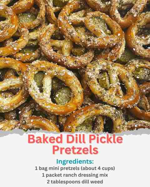 Baked Dill Pickle Pretzels Ingredients: 1 bag mini pretzels (about 4 cups) 1 packet ranch dressing m...