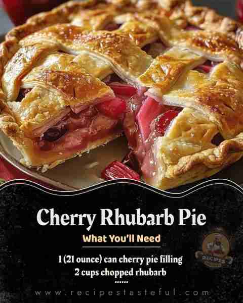 Cherry Rhubarb Pie 🍒🥧 ingredients: 2 cups chopped rhubarb 🌿 1 (21 ounce) can cherry pie filling...
