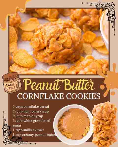 PEANUT BUTTER CORNFLAKE COOKIES! 5 cups cornflake cereal ⅔ cup light corn syrup ¼ cup maple syrup ¾...
