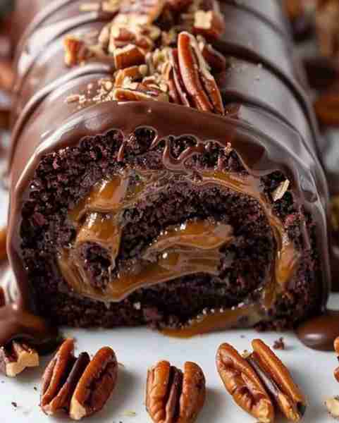 Gooey Chocolate Caramel Turtle Cake Roll Ingredients: 1 cup all-purpose flour 1/2 cup cocoa powder 1...