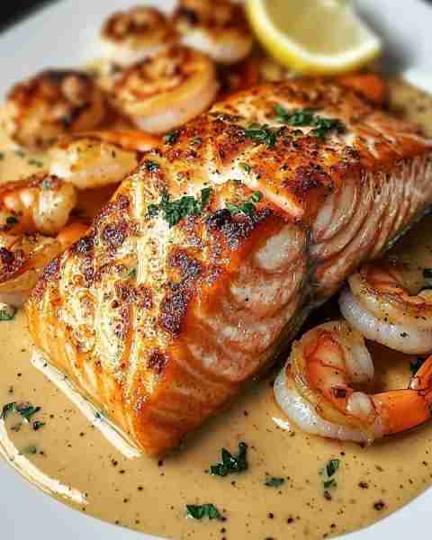Delicious Salmon and Shrimp with Cajun Cream Sauce 🍣🍤 This creamy Cajun delight is the perfect way...