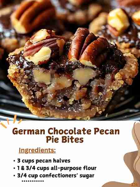 German Chocolate Pecan Pie Bites 🥜🍫 Ingredients: 3 cups pecan halves 1 & 3/4 cups all-purpose flou...