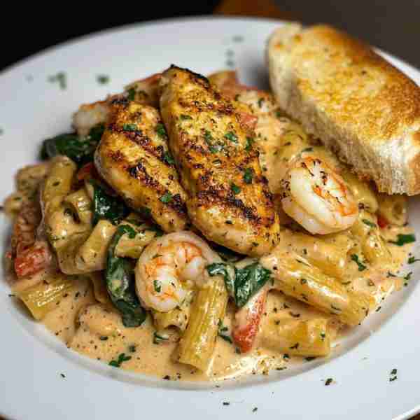 Creamy Rigatoni with Shrimp, Spinach, Red Peppers & Grilled Chicken A hearty, comforting pasta dish...