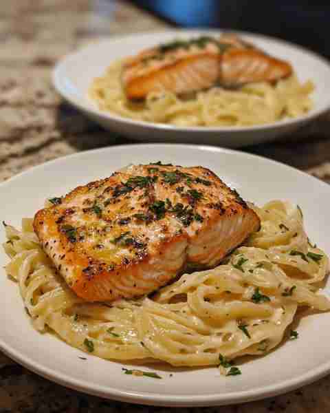 Creamy Herb Pasta with Seared Salmon Luscious Creamy Herb Pasta Topped with Seared Salmon Fillet Ing...