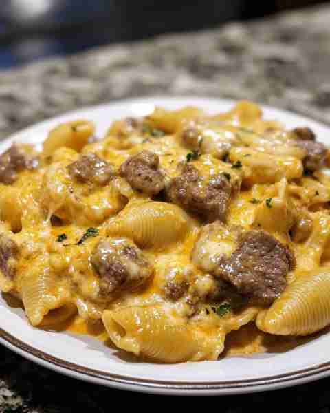 Buttery Steak & Cheesy Shells Skillet Ingredients: 1.5 pounds ribeye steak, cut into bite-sized cub...