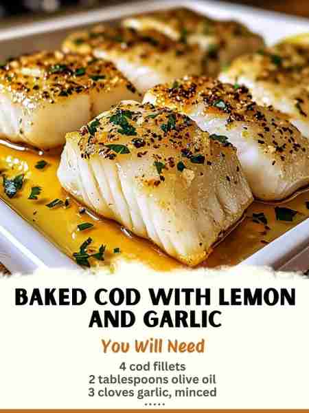 Baked Cod with Lemon and Garlic Ingredients: 4 cod fillets 2 tablespoons olive oil 3 cloves garli...
