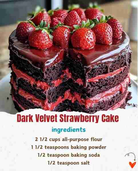 Dark Velvet Strawberry Cake 🍰🍓✨ Ingredients: 2 1/2 cups all-purpose flour 🌾 1 1/2 teaspoons b...