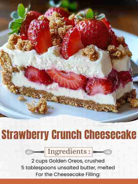 Strawberry Crunch Cheesecake Ingredients: For the Crust: 2 cups Golden Oreos, crushed 5 tablespoons...