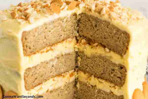 Banana Pudding Cake! Moist banana cake layered with vanilla filling, bananas, and vanilla wafers, al...