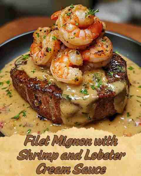 Filet Mignon with Shrimp and Lobster Cream Sauce Surf & Turf Elegance: Filet Mignon with Creamy Lobs...