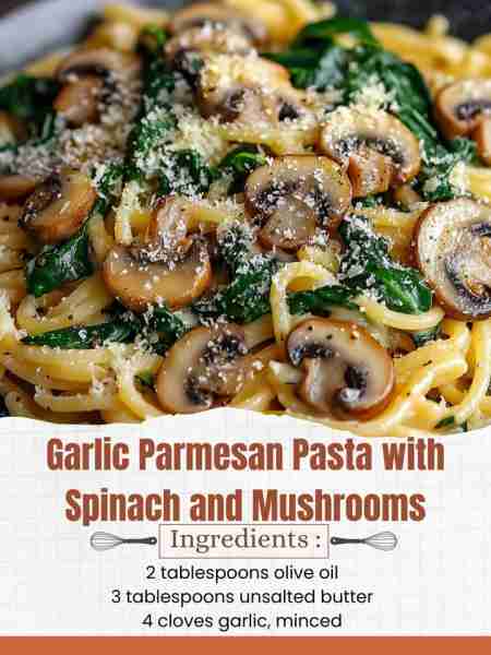 Garlic Parmesan Pasta with Spinach and Mushrooms Ingredients: 12 oz pasta (fettuccine, penne, or spa...