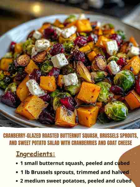 Cranberry-Glazed Roasted Butternut Squash, Brussels Sprouts, and Sweet Potato Salad with Cranberries...