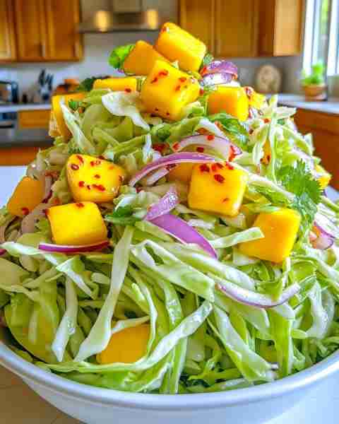 Refreshing Chili Mango Slaw Bursting with Tropical Flavors 🥭🌶️✨ Ingredients: 1/2 medium head green...
