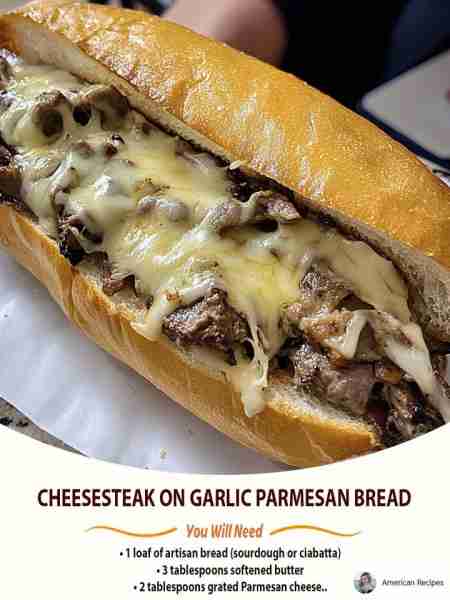 Cheesesteak on Garlic Parmesan Bread Ingredients For the Bread: • 1 loaf of artisan bread (sourdough...