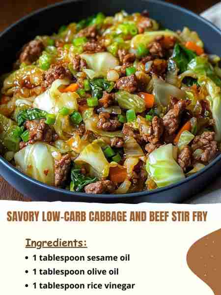 Savory Low-Carb Cabbage and Beef Stir Fry Ingredients: 1 tablespoon sesame oil 1 tablespoon olive oi...