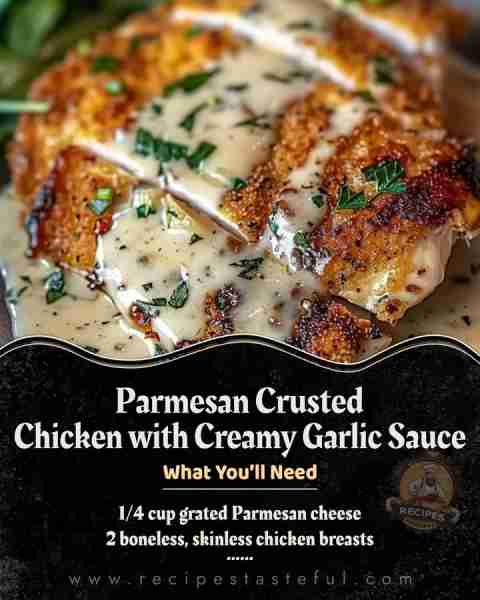 Parmesan Crusted Chicken with Creamy Garlic Sauce INGREDIENTS 🌹🪐🪐😍🌹 For the Chicken: 2 boneless...