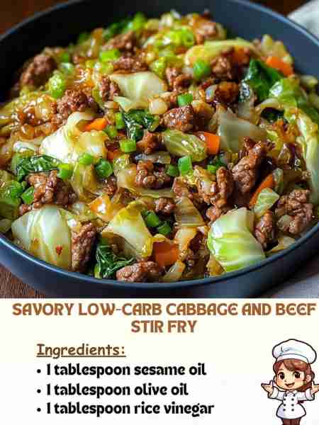 Savory Low-Carb Cabbage and Beef Stir Fry Ingredients: 1 tablespoon sesame oil 1 tablespoon olive oi...