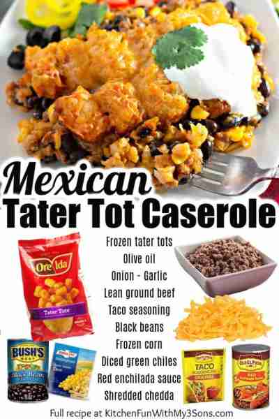 Mexican Tater Tot Casserole (15-Minute Prep) Ingredients: 1 lb ground beef (or ground turkey) 1 smal...