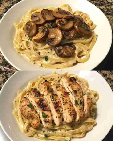 Alfredo Mushroom Pasta with Herb Chicken Creamy Alfredo Mushroom Fettuccine with Savory Herb-Grilled...