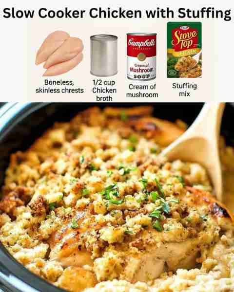 4-Ingredient Slow Cooker Chicken with Stuffing You'll need: 4 boneless, skinless chicken breasts to...