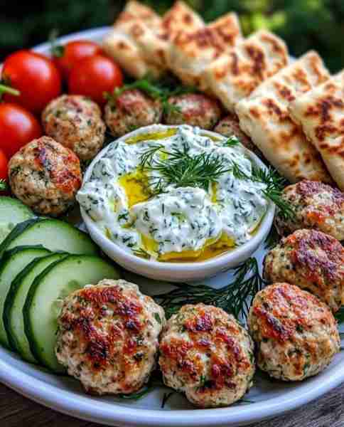 Feta-Stuffed Greek Chicken Meatballs with Roasted Garlic Tzatziki 🧆🧄🇬🇷 Juicy chicken meatballs fil...