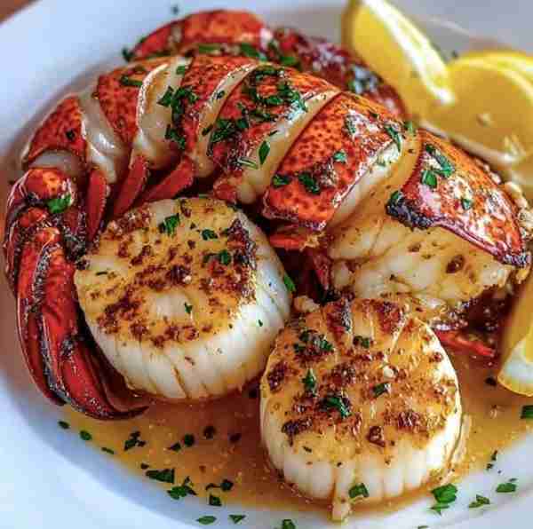 🧄 Garlic Butter Lobster & Scallops 🦞✨ Ingredients: 2 lobster tails, split 6 sea scallops 3 tbsp b...