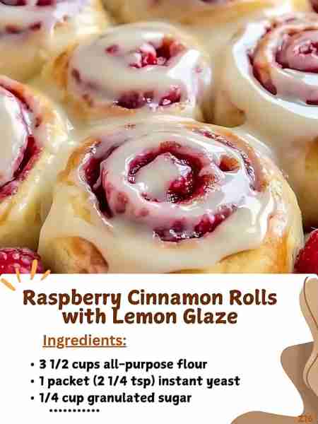 Raspberry Cinnamon Rolls with Lemon Glaze Ingredients: For the dough: 3 1/2 cups all-purpose flour 1...