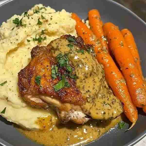 Garlic Herb Chicken with Carrots and Mashed Potatoes . Ingredients: 4 bone-in, skin-on chicken thig...