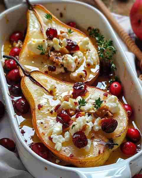 Baked Pears with Feta, Honey, and Cranberries Ingredients: 4 ripe but firm pears, halved and cored 1...