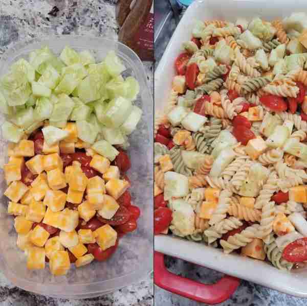 Pasta salad! Tri-color rotini noodles $1.19 Cherry tomatoes $3.49 cheese cubes $2.50 and zesty Itali...