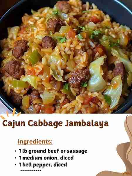 Cajun Cabbage Jambalaya Ingredients: 1 lb ground beef or sausage (or a mix) 1 medium onion, diced 1...