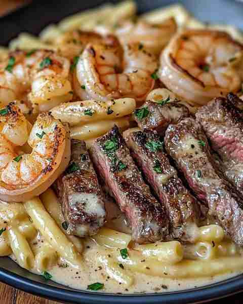 CAJUN SHRIMP AND STEAK ALFREDO PASTA Ingredients: - 8 ounces of fettuccine pasta - 1 pound of shrim...