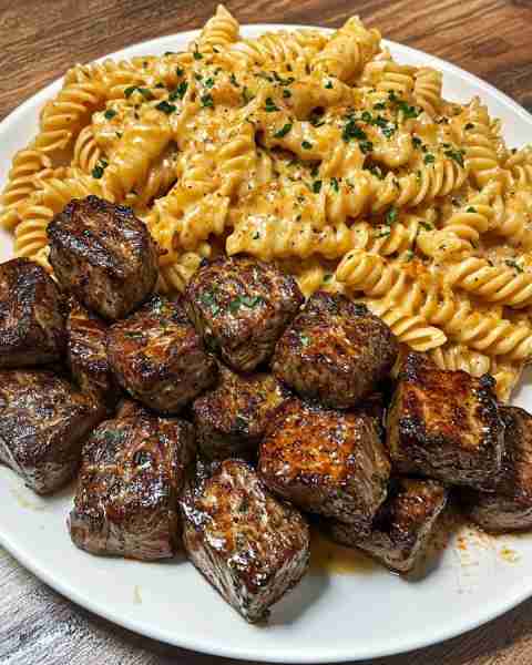 Garlic Butter Steak Bites & Spicy Cajun Alfredo Twisted Pasta Ingredients: 1.5 pounds sirloin steak...