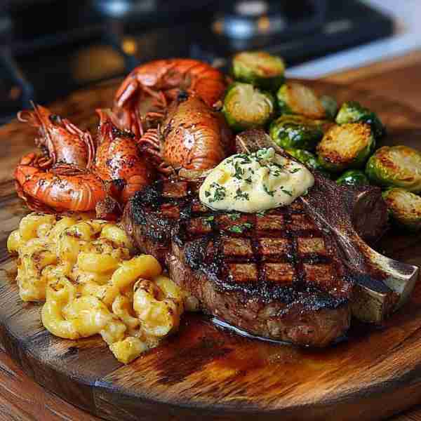 Surf-and-Turf with Grilled T-Bone Steak, Lobster, Shrimp, Mac & Cheese, and Roasted Brussels Sprouts...