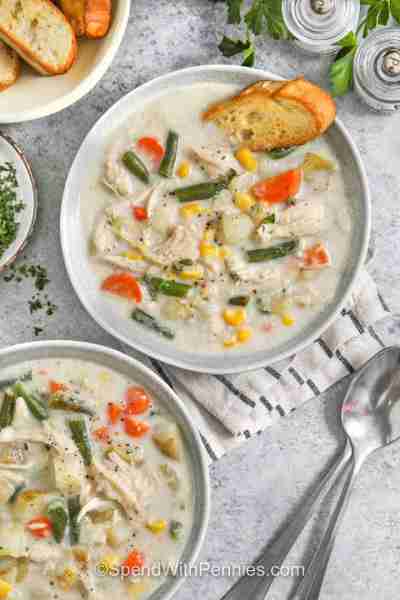 Veggie packed slow cooker chicken stew has the creamiest broth with tender chunks of chicken. Pair w...