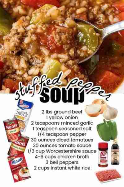 Stuffed Pepper Soup Recipe Ingredients: 1 lb ground beef (or turkey) 1 onion, chopped 2 cloves garli...