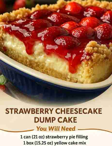 Easy Strawberry Cheesecake Dump Cake! 🔸 1 box strawberry cake mix 🔸 1 can strawberry pie filling...