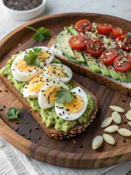 Avocado Breakfast Toast Duo 🥑🍞🥚🍅🌱🧂 Toast 1 – Avocado Egg Smash Whole grain bread slice 🍞 1/2...