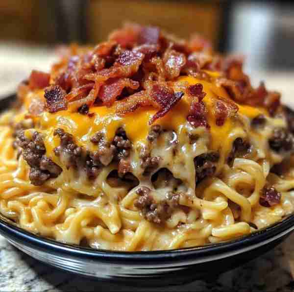 Cheesy Bacon Burger Noodles 🧀🥓🍜 Ingredients: 1 lb ground beef 1 packet instant ramen noodles (dis...