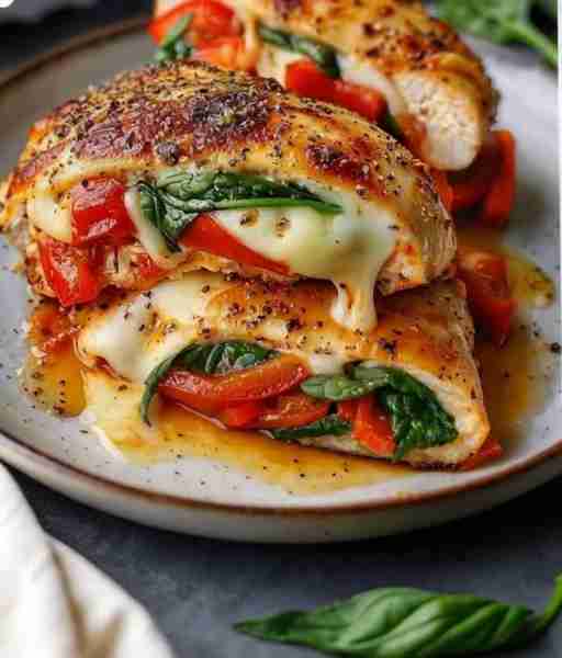 ROASTED RED PEPPER, SPINACH, AND MOZZARELLA STUFFED CHICKEN 🍽️🧀🌿 📋 Ingredients: 4 boneless, skinl...